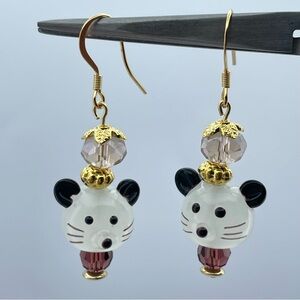 New Handmade Glass Mouse Bead Earrings 18K Gold Plated Hooks Cute